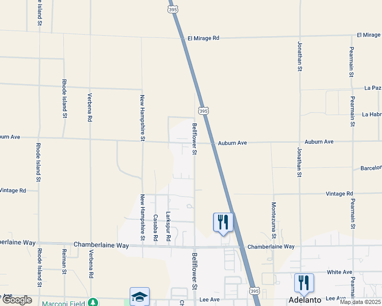map of restaurants, bars, coffee shops, grocery stores, and more near 92344 Bellflower Street in Adelanto