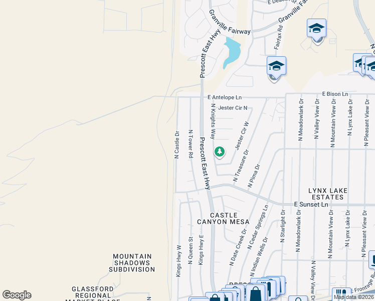 map of restaurants, bars, coffee shops, grocery stores, and more near 3442 North Tower Road in Prescott Valley