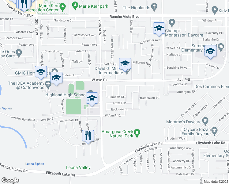 map of restaurants, bars, coffee shops, grocery stores, and more near 39112 Desert Holly Lane in Palmdale