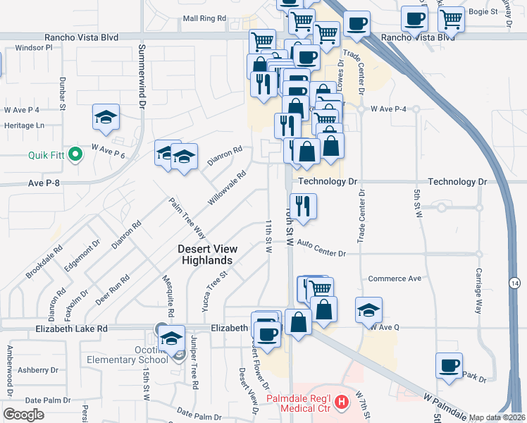 map of restaurants, bars, coffee shops, grocery stores, and more near 39117 11th Street West in Palmdale
