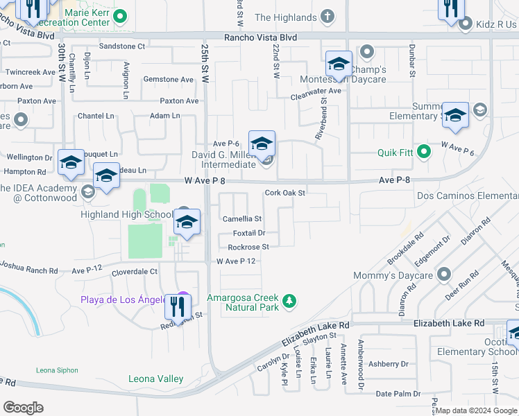 map of restaurants, bars, coffee shops, grocery stores, and more near 39113 Giant Sequoia Street in Palmdale