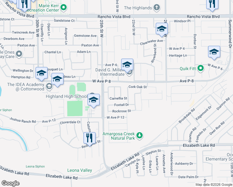 map of restaurants, bars, coffee shops, grocery stores, and more near 39112 White Fir Lane in Palmdale