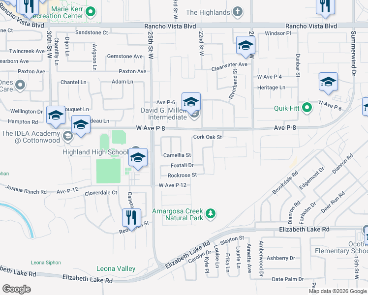 map of restaurants, bars, coffee shops, grocery stores, and more near 39112 White Fir Lane in Palmdale