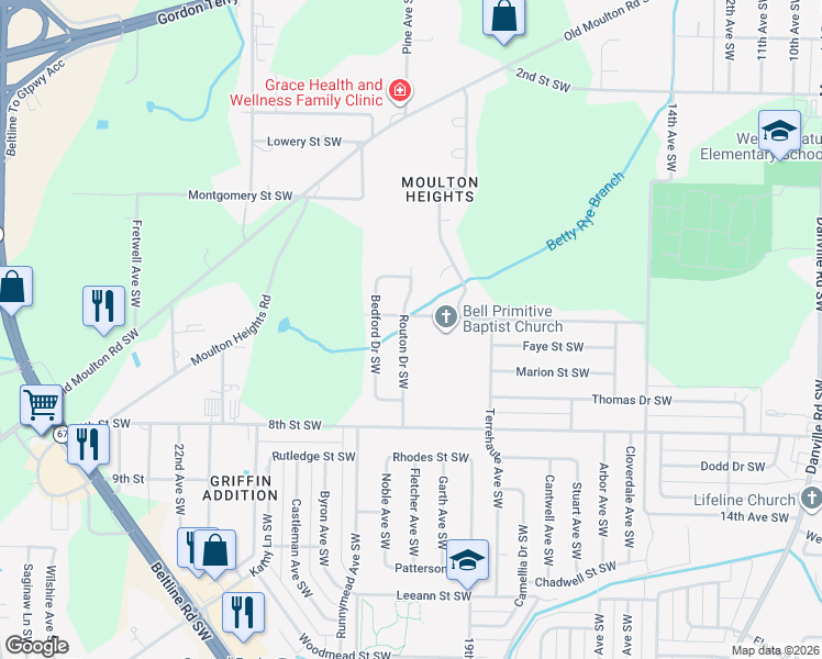 map of restaurants, bars, coffee shops, grocery stores, and more near 1004 Routon Drive Southwest in Decatur