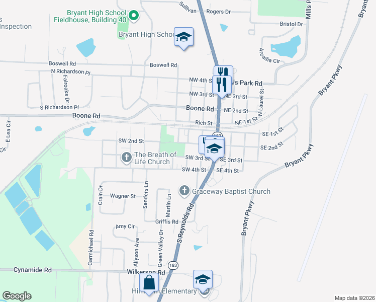 map of restaurants, bars, coffee shops, grocery stores, and more near 208 Southwest 3rd Street in Bryant