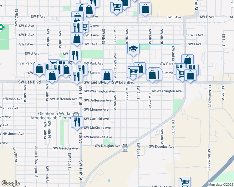 map of restaurants, bars, coffee shops, grocery stores, and more near 716 Southwest Washington Avenue in Lawton