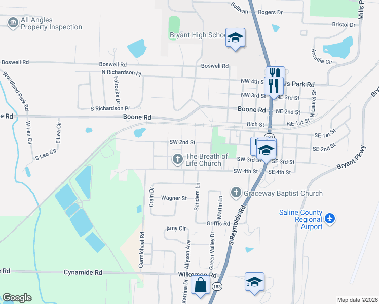 map of restaurants, bars, coffee shops, grocery stores, and more near 600 Southwest 3rd Street in Bryant