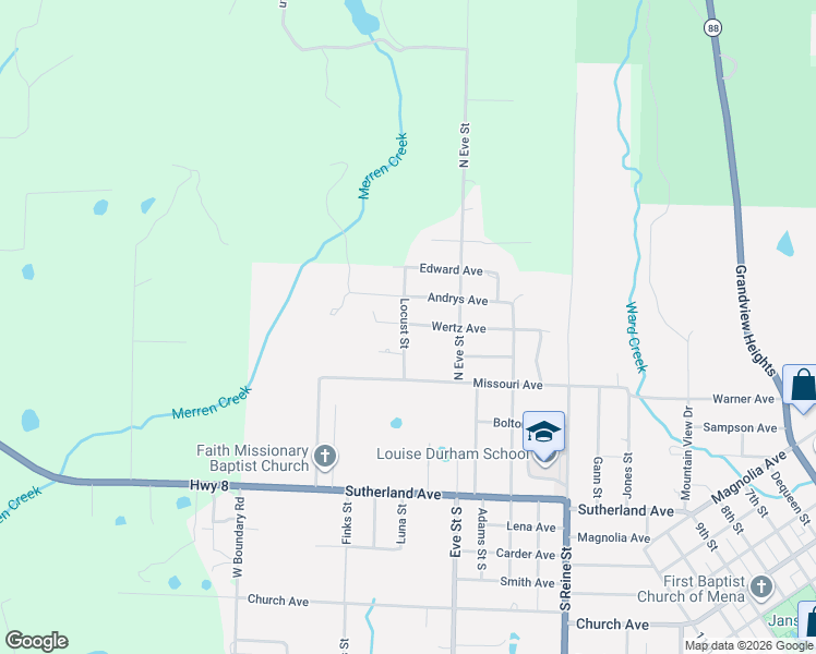 map of restaurants, bars, coffee shops, grocery stores, and more near 2016 Wertz Avenue in Mena