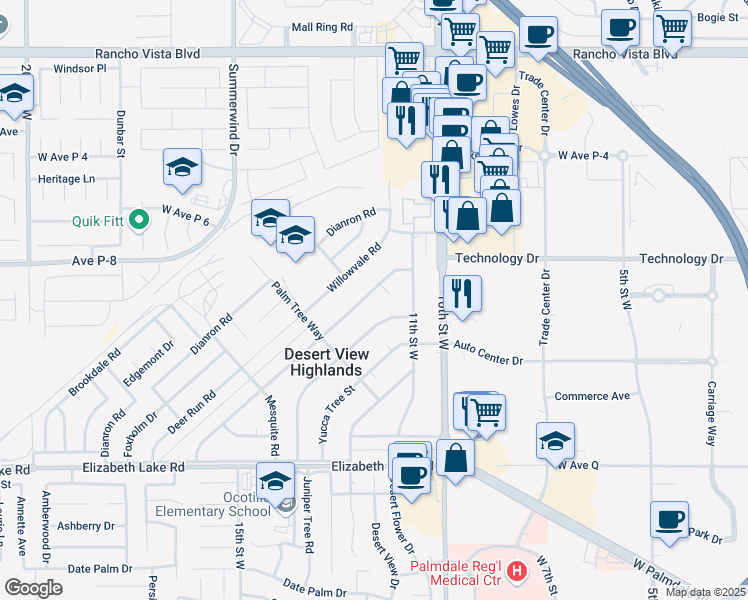 map of restaurants, bars, coffee shops, grocery stores, and more near 39082 Ocotillo Drive in Palmdale