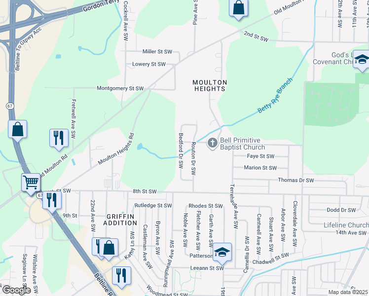 map of restaurants, bars, coffee shops, grocery stores, and more near 1004 Bedford Dr SW in Decatur