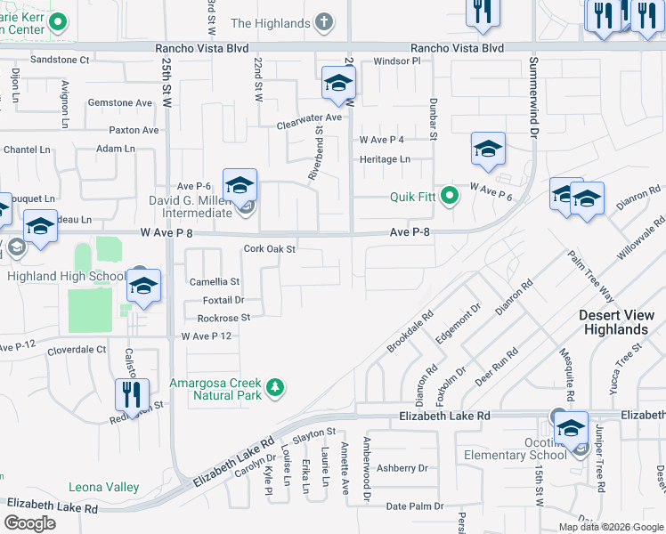 map of restaurants, bars, coffee shops, grocery stores, and more near 2050 Helconia Ct in Palmdale