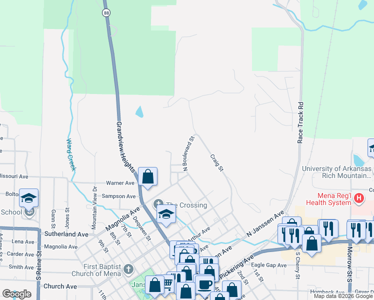 map of restaurants, bars, coffee shops, grocery stores, and more near 311N 1st Street in Mena