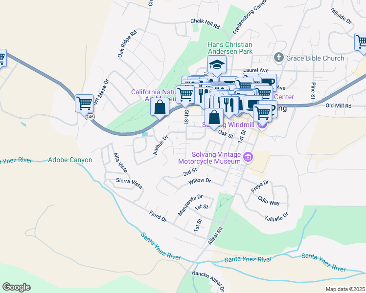 map of restaurants, bars, coffee shops, grocery stores, and more near 315 5th Street in Solvang