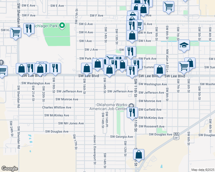 map of restaurants, bars, coffee shops, grocery stores, and more near 1312 Southwest Washington Avenue in Lawton