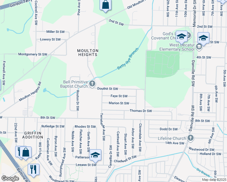 map of restaurants, bars, coffee shops, grocery stores, and more near 1605 Douthit Street Southwest in Decatur