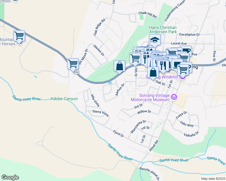 map of restaurants, bars, coffee shops, grocery stores, and more near 368 Midten Hof in Solvang
