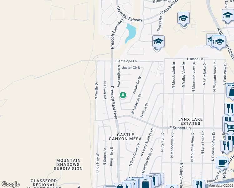 map of restaurants, bars, coffee shops, grocery stores, and more near 3458 North Knights Way in Prescott Valley