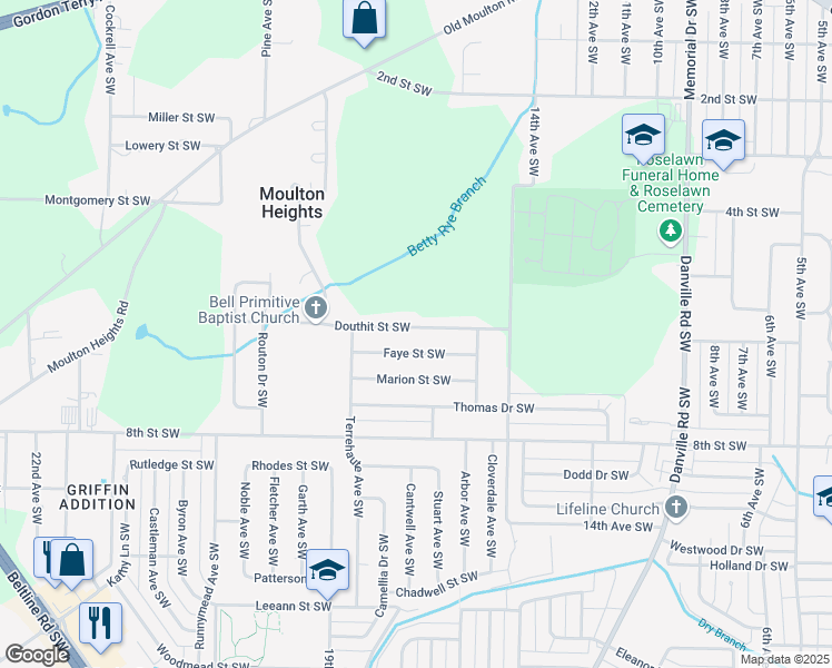 map of restaurants, bars, coffee shops, grocery stores, and more near 1517 Douthit Street Southwest in Decatur