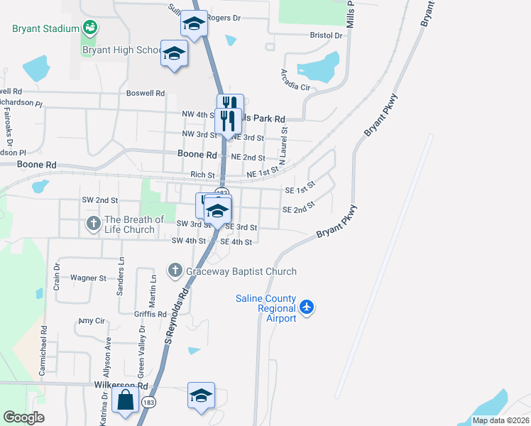 map of restaurants, bars, coffee shops, grocery stores, and more near 210 Southeast 2nd Street in Bryant