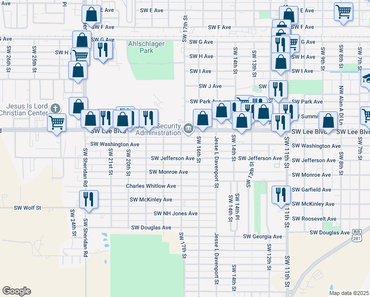 map of restaurants, bars, coffee shops, grocery stores, and more near 1626 Southwest Washington Avenue in Lawton