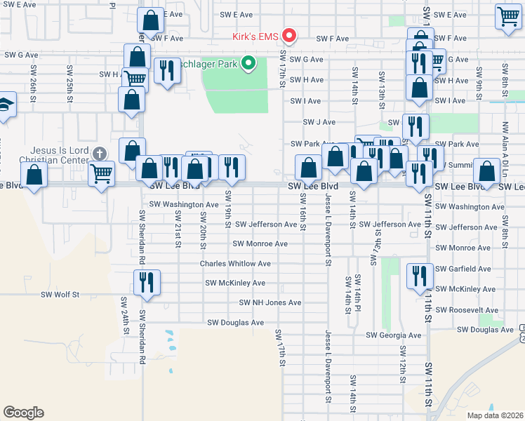 map of restaurants, bars, coffee shops, grocery stores, and more near 1722 Southwest Washington Avenue in Lawton