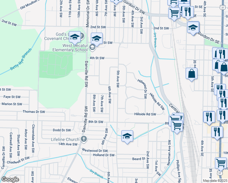 map of restaurants, bars, coffee shops, grocery stores, and more near 504 Hartung St SW in Decatur