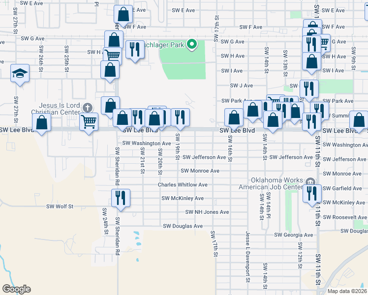 map of restaurants, bars, coffee shops, grocery stores, and more near 1814 Southwest Washington Avenue in Lawton