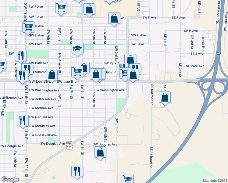 map of restaurants, bars, coffee shops, grocery stores, and more near 304 Southwest Washington Avenue in Lawton