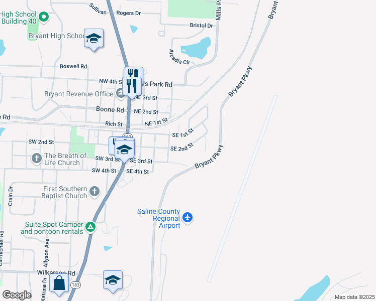 map of restaurants, bars, coffee shops, grocery stores, and more near 504 Southeast 2nd Street in Bryant