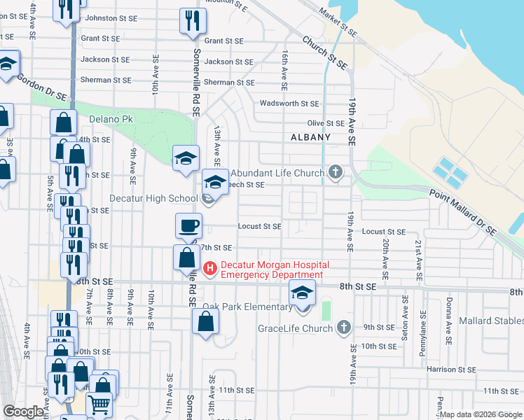 map of restaurants, bars, coffee shops, grocery stores, and more near 1411 Cypress Street Southeast in Decatur