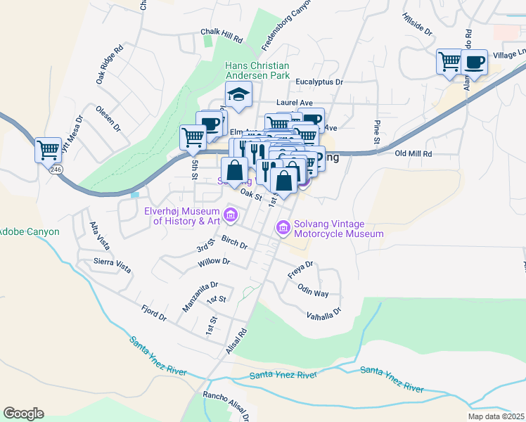 map of restaurants, bars, coffee shops, grocery stores, and more near 367 1st St in Solvang