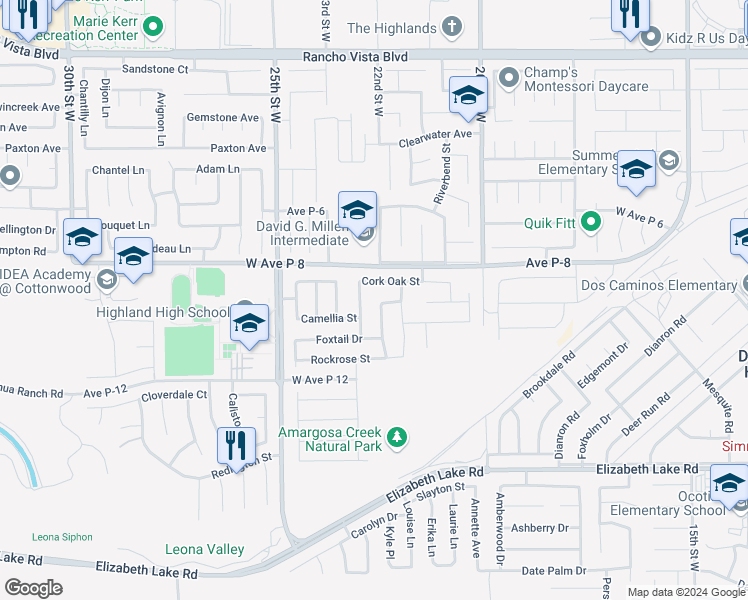 map of restaurants, bars, coffee shops, grocery stores, and more near 39115 Bottlebrush Street in Palmdale