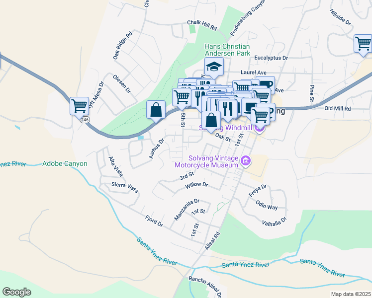 map of restaurants, bars, coffee shops, grocery stores, and more near 315 5th Street in Solvang