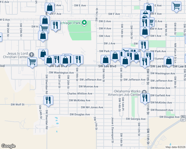 map of restaurants, bars, coffee shops, grocery stores, and more near 1626 Southwest Washington Avenue in Lawton