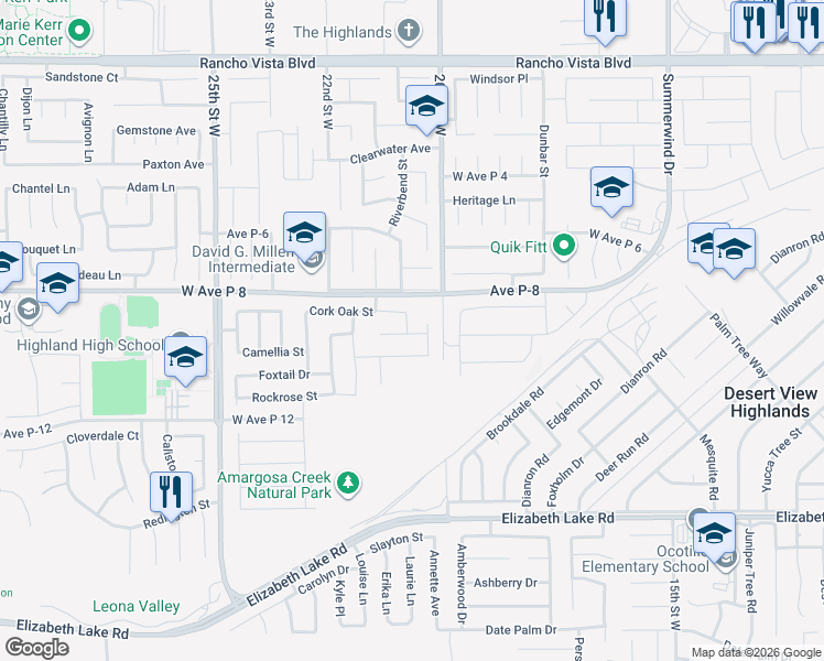 map of restaurants, bars, coffee shops, grocery stores, and more near 39118 Forsythia Lane in Palmdale