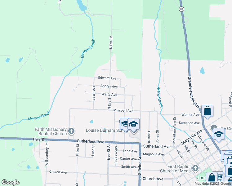 map of restaurants, bars, coffee shops, grocery stores, and more near 1903 Wertz Ave in Mena