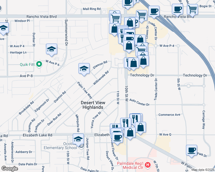 map of restaurants, bars, coffee shops, grocery stores, and more near 39082 Ocotillo Drive in Palmdale