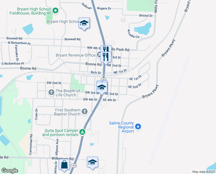 map of restaurants, bars, coffee shops, grocery stores, and more near 110 Southeast 2nd Street in Bryant