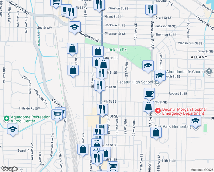 map of restaurants, bars, coffee shops, grocery stores, and more near 925 7th Avenue Southeast in Decatur