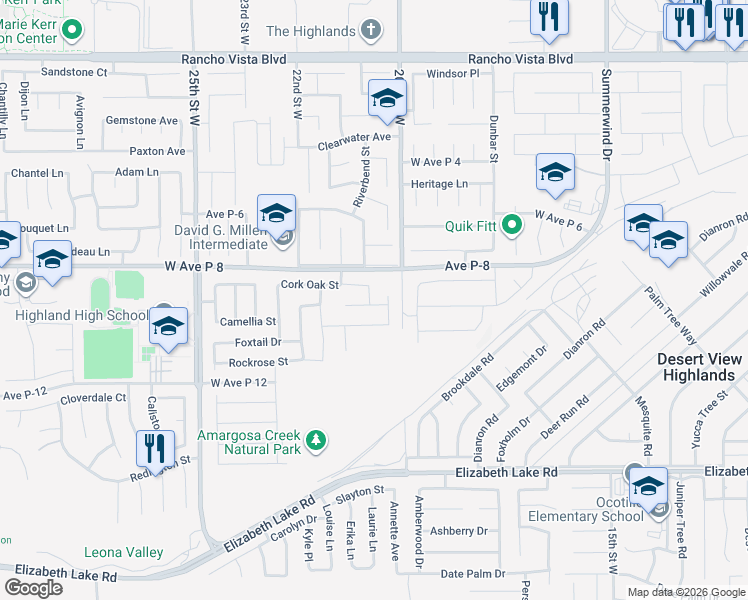map of restaurants, bars, coffee shops, grocery stores, and more near 39118 Forsythia Lane in Palmdale