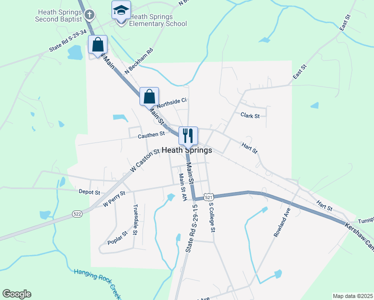 map of restaurants, bars, coffee shops, grocery stores, and more near U.S. 521 in Heath Springs