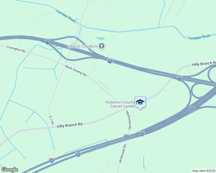 map of restaurants, bars, coffee shops, grocery stores, and more near 1755 Back Swamp Road in Lumberton