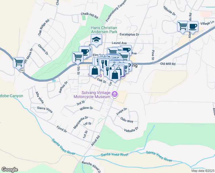 map of restaurants, bars, coffee shops, grocery stores, and more near 377 1st Street in Solvang