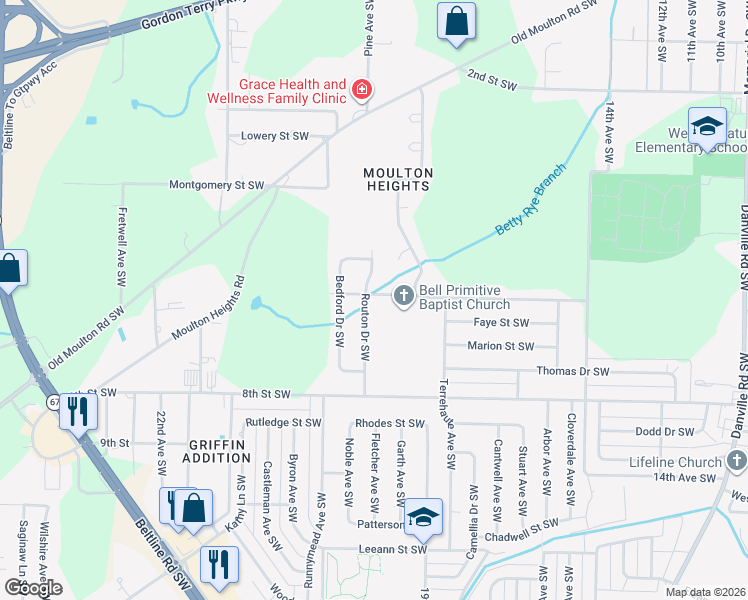 map of restaurants, bars, coffee shops, grocery stores, and more near 1004 Routon Drive Southwest in Decatur