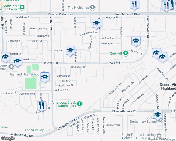 map of restaurants, bars, coffee shops, grocery stores, and more near 2107 Helconia Ct in Palmdale