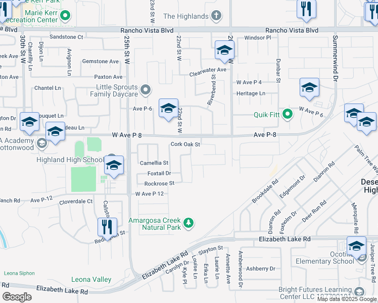 map of restaurants, bars, coffee shops, grocery stores, and more near 2153 Bromelaid Lane in Palmdale