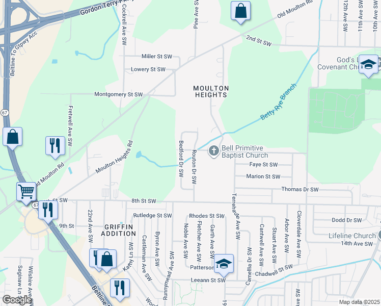map of restaurants, bars, coffee shops, grocery stores, and more near 1004 Bedford Drive Southwest in Decatur