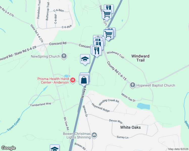 map of restaurants, bars, coffee shops, grocery stores, and more near 3550 South Carolina 81 in Anderson
