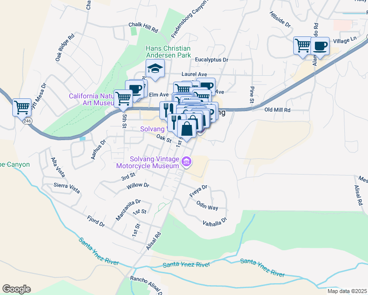 map of restaurants, bars, coffee shops, grocery stores, and more near 1678 Oak Street in Solvang
