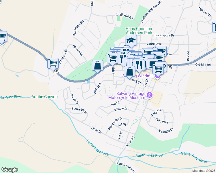 map of restaurants, bars, coffee shops, grocery stores, and more near 315 5th Street in Solvang